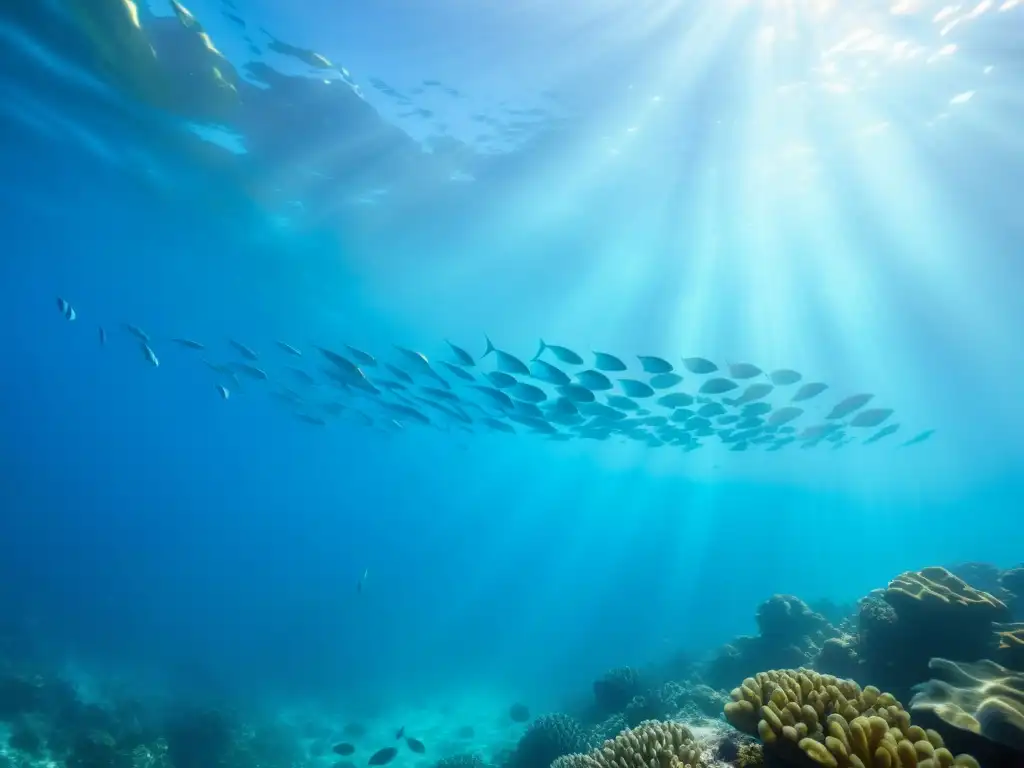 Cardumen de peces plateados en aguas cristalinas bajo el sol, creando un espectáculo hipnótico de reflejos en el lecho marino