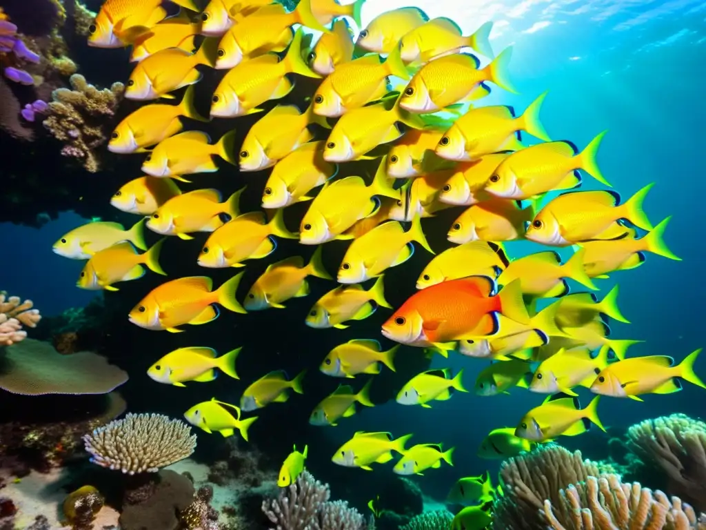 Cardumen de peces tropicales nadando entre corales coloridos, capturando la belleza y diversidad del ecosistema marino