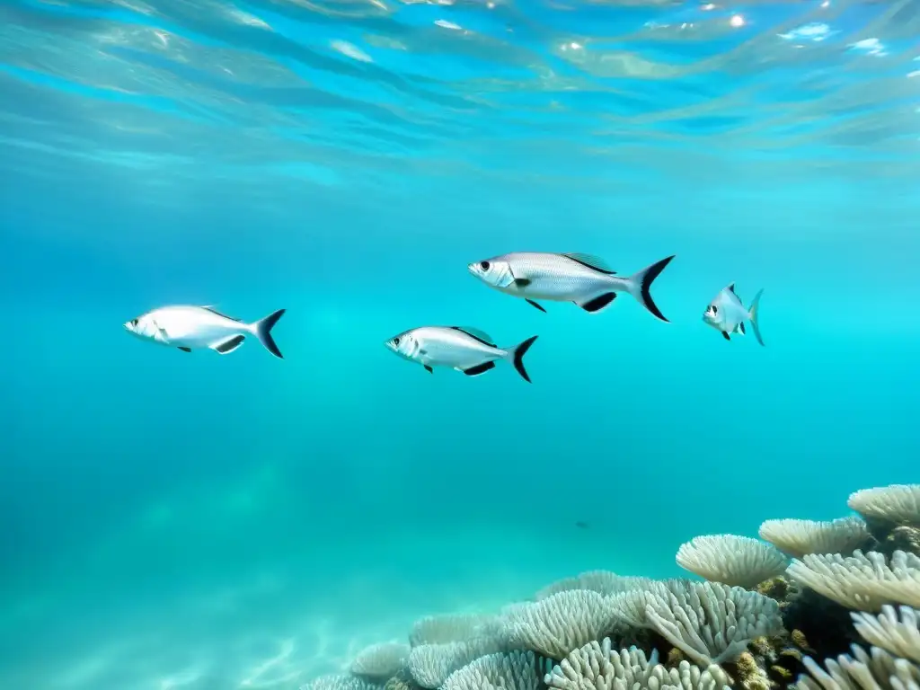 Un cardumen plateado nada grácilmente en aguas turquesas cristalinas, evocando tranquilidad y vitalidad submarina