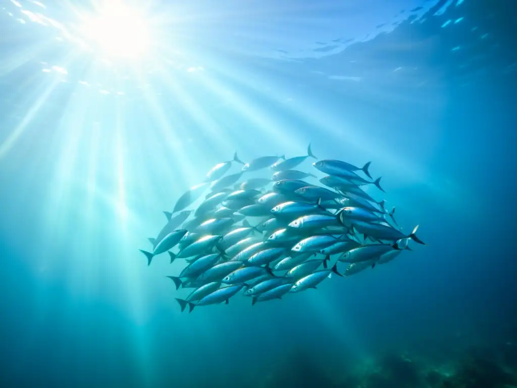 Un cardumen de sardinas iridiscentes nada en armonía en aguas cristalinas, reflejando la pureza del origen suplementos omega 3 alta calidad