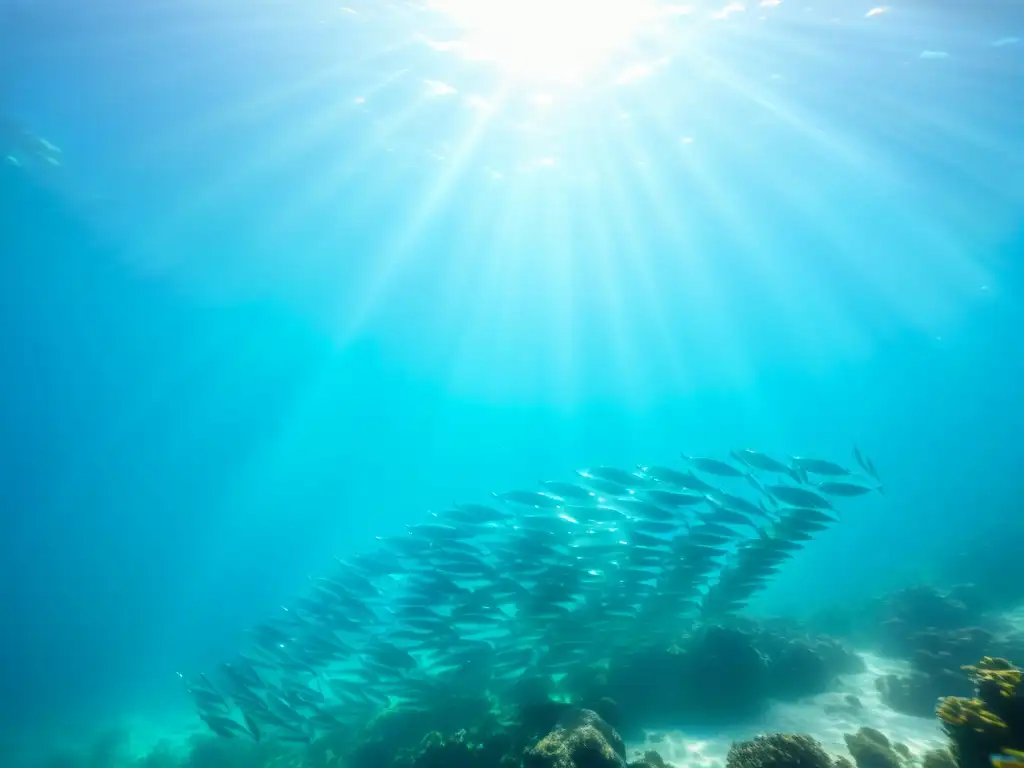 Un cardumen de sardinas vibrantes nada en aguas turquesa cristalinas, creando una energía dinámica y vida en el paisaje submarino sereno