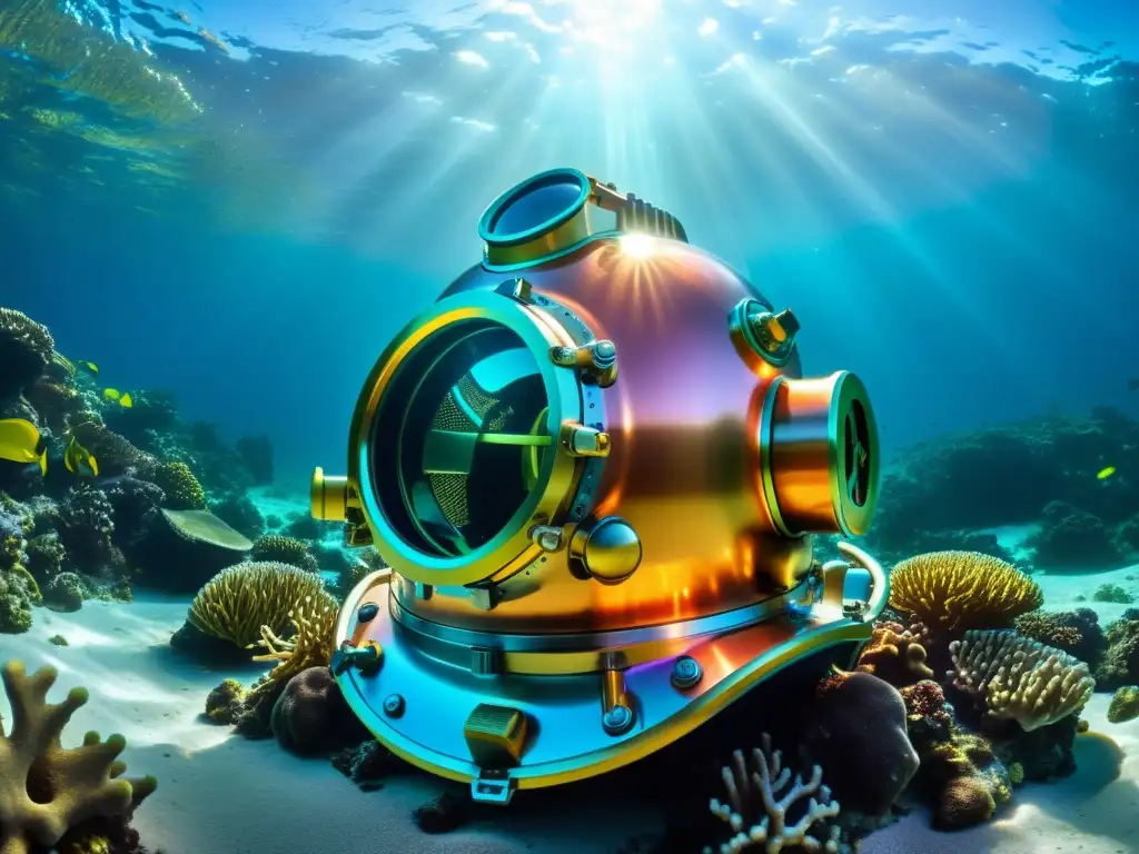 Un casco de buceo metálico descansa en el fondo del mar rodeado de coral vibrante, iluminado por rayos de sol