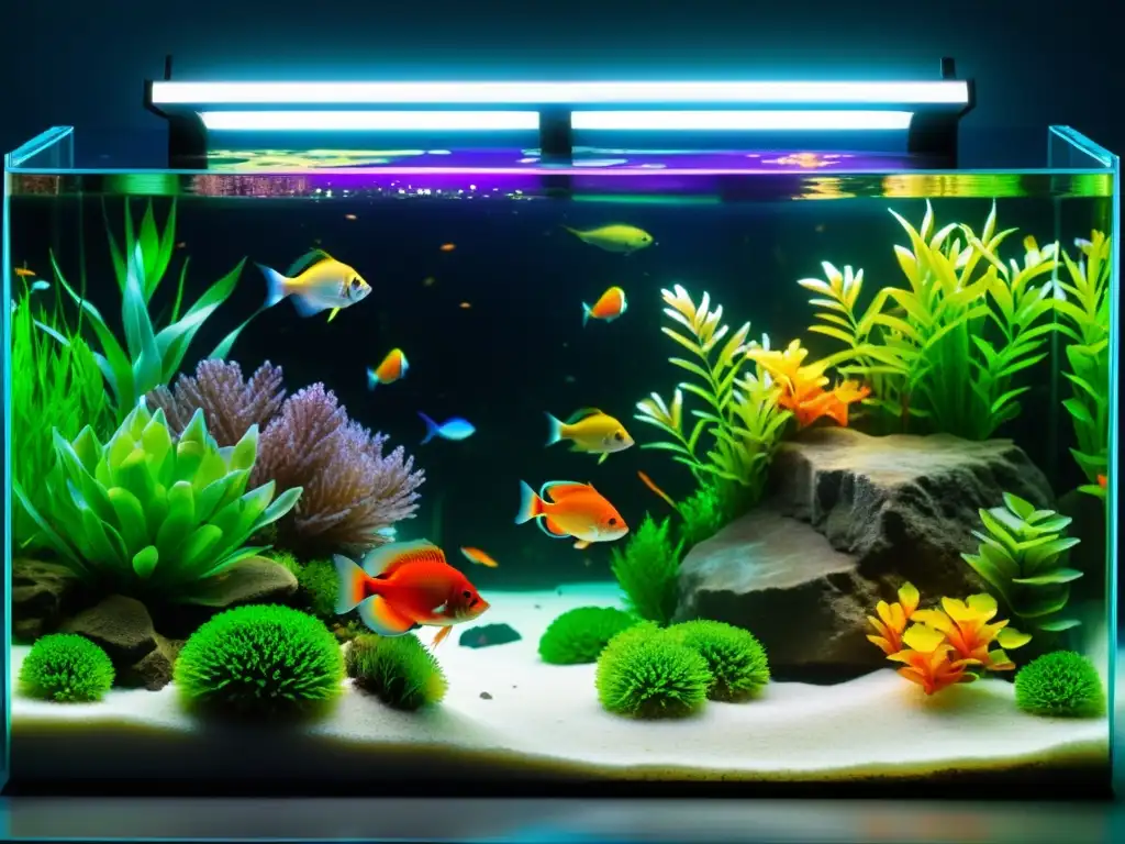 Un cautivador acuario inteligente con tecnología innovadora, peces exóticos y plantas acuáticas vibrantes bajo iluminación LED