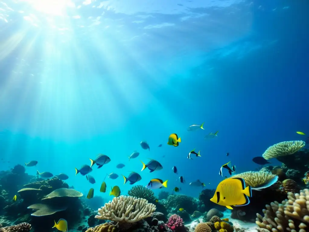 Un cautivador acuario marino lleno de peces coloridos en un vibrante arrecife de coral, con el sol filtrándose a través del agua