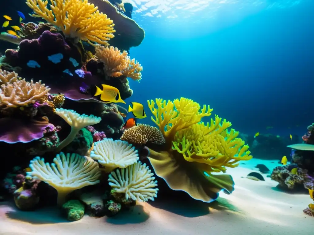 Un cautivador arrecife de coral iluminado por un potente sistema de iluminación en un acuario marino