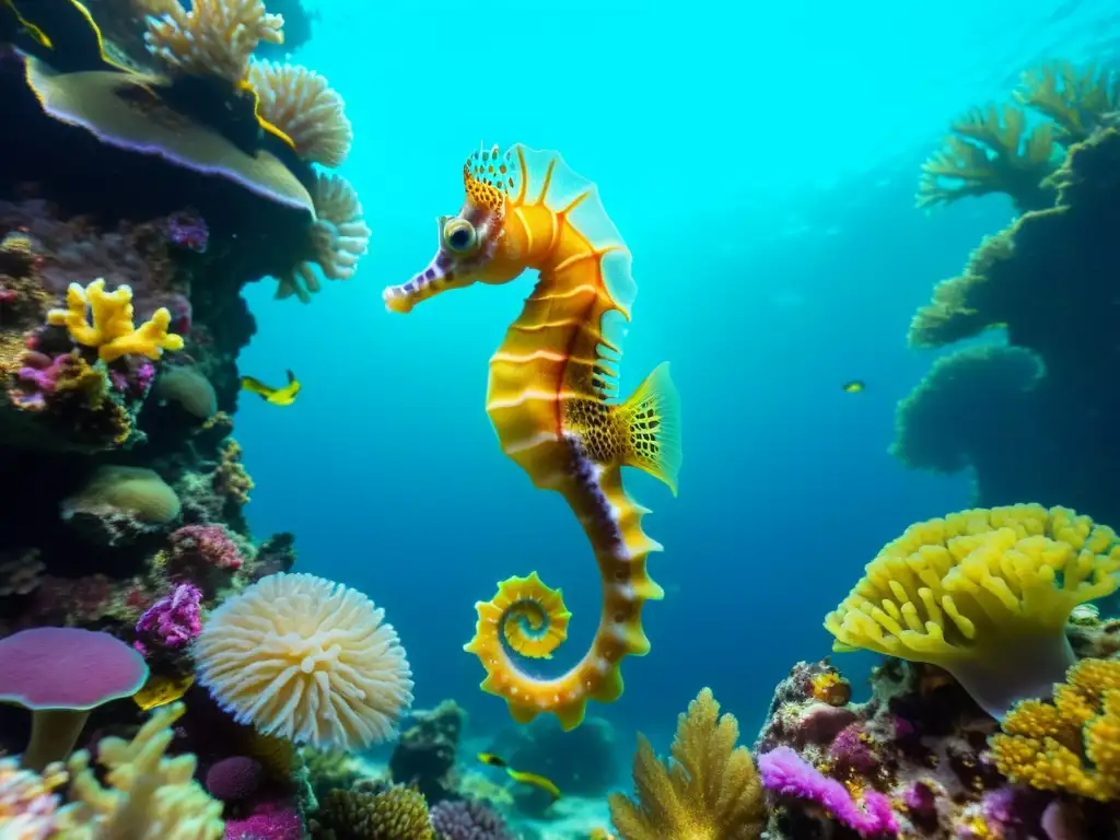 Un cautivador arrecife de coral repleto de caballitos de mar en su hábitat natural