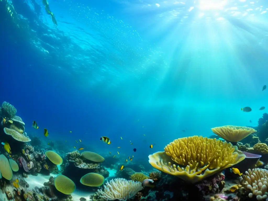 Un cautivador arrecife de coral rebosante de vida marina, iluminado por el sol y las Coriolis y corrientes marinas