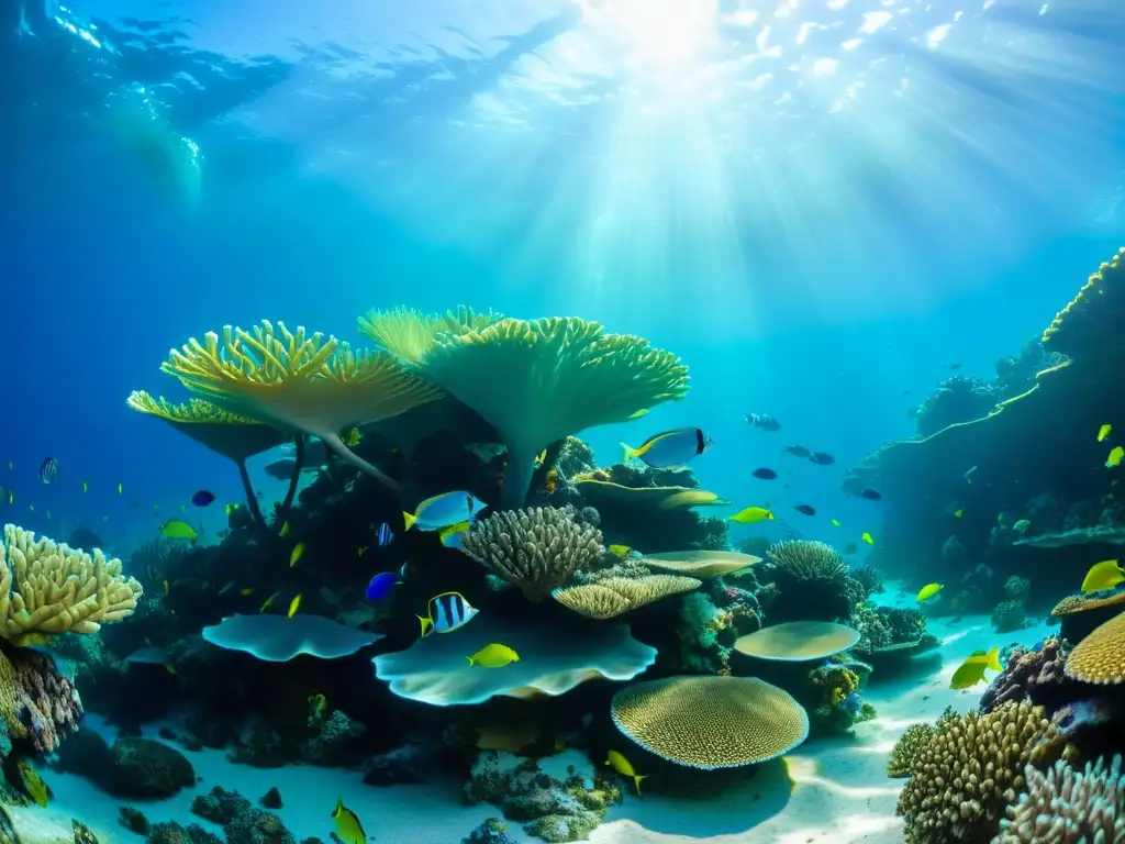 Un cautivador ecosistema marino en vibrante fotografía subacuática que muestra la impactante diversidad de la vida marina entre formaciones de coral