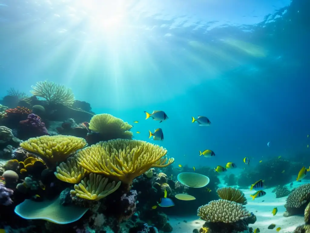 Un cautivador ecosistema marino con vibrantes corales, peces coloridos y plantas acuáticas