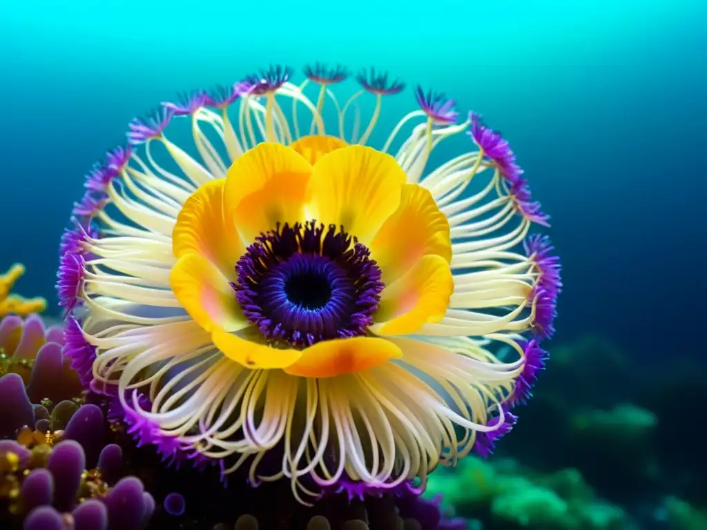 Un cautivador grupo de anémonas marinas en un arrecife, mostrando una gama de colores vibrantes y creando una belleza submarina hipnotizante