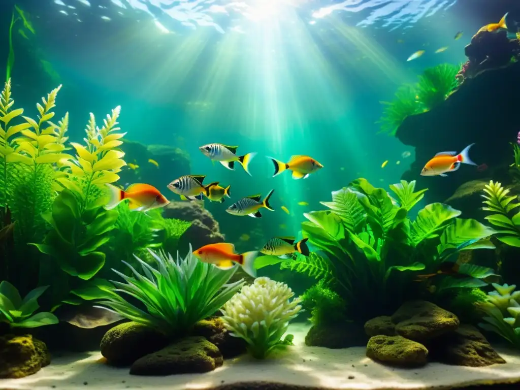 Un cautivador paisaje submarino en un acuario pequeño con peces coloridos y plantas acuáticas exuberantes