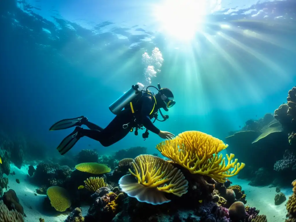 Exploración submarina: belleza y misterio en el arrecife de coral Exploración cautivadora de un buceador en un vibrante arrecife de coral