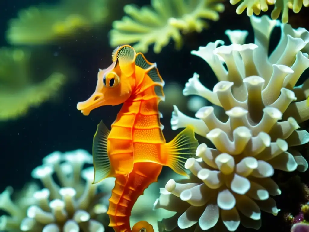 Una cautivadora fotografía de criaturas marinas pequeñas: un vibrante caballito de mar naranja entre anémonas, bañado por la luz del sol