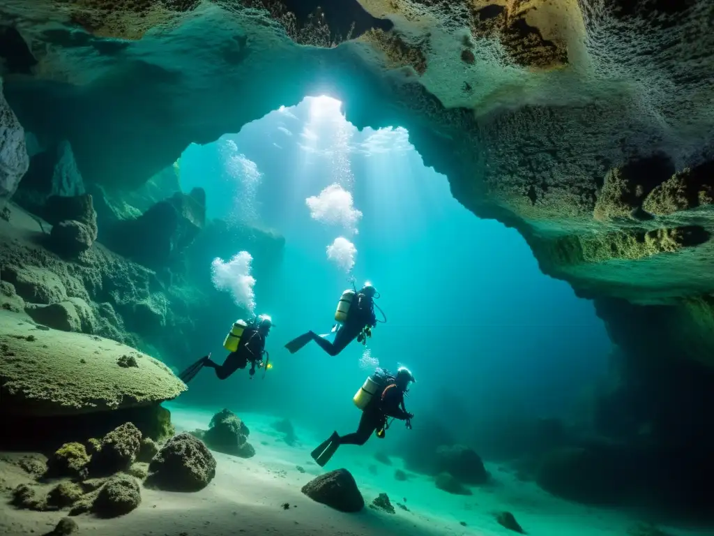 Exploración cautivadora de cueva submarina por buceadores con técnicas avanzadas buceo cavernas subacuáticas