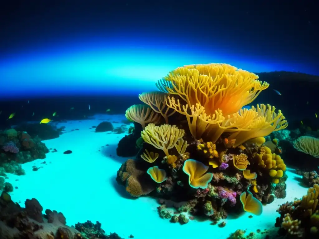 Una cautivadora escena de un arrecife de coral vibrante iluminado por organismos bioluminiscentes, ideal para guía para buceo nocturno