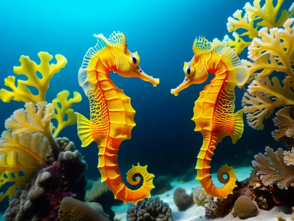 Una cautivadora escena submarina con dos caballitos de mar naranjas y amarillos entre abanicos marinos multicolores