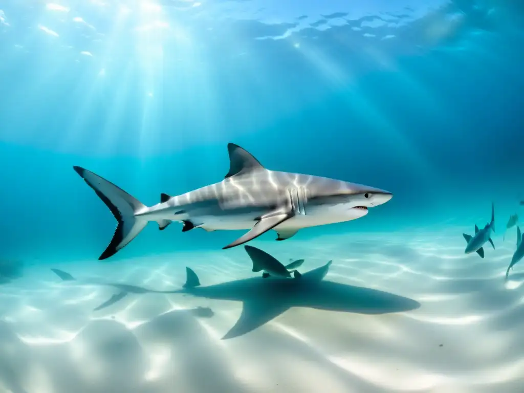 Una cautivadora imagen submarina de nuevas especies de tiburones descubiertas, nadando graciosamente en aguas cristalinas con patrones de luz solar