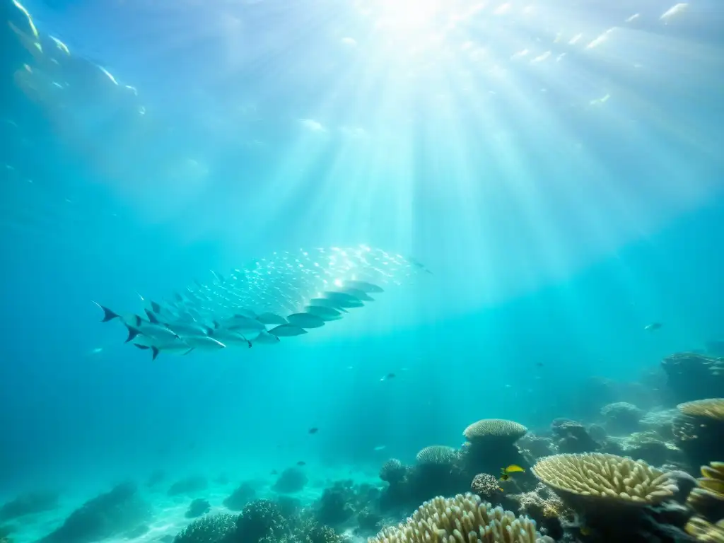 Una cautivadora expedición de vida marina elusiva en aguas turquesa, con peces plateados y un arrecife de coral vibrante bajo la luz del sol