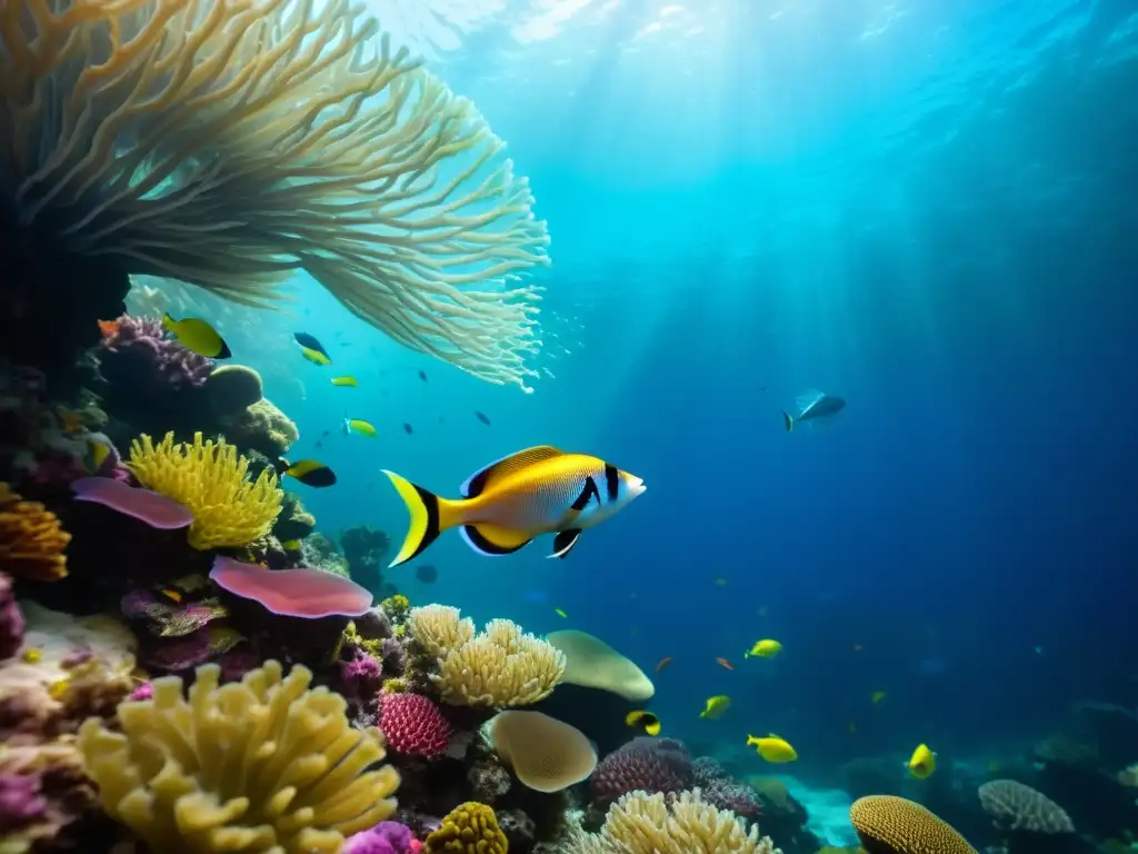 Una cautivadora fotografía submarina de un acuario de aguas profundas, con peces y corales de colores vibrantes