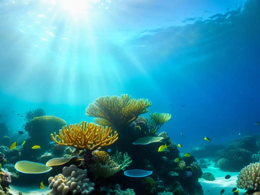 Células solares inspiradas en el océano: Un arrecife de coral vibrante con peces coloridos, plantas marinas ondeantes y formaciones de coral