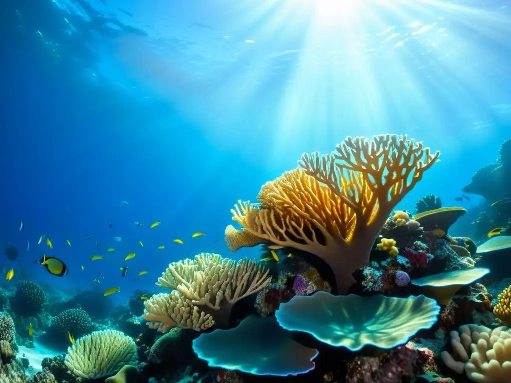 Células solares inspiradas en el océano: Detalle vibrante de un arrecife de coral lleno de vida y color, bañado por la luz solar en el agua cristalina