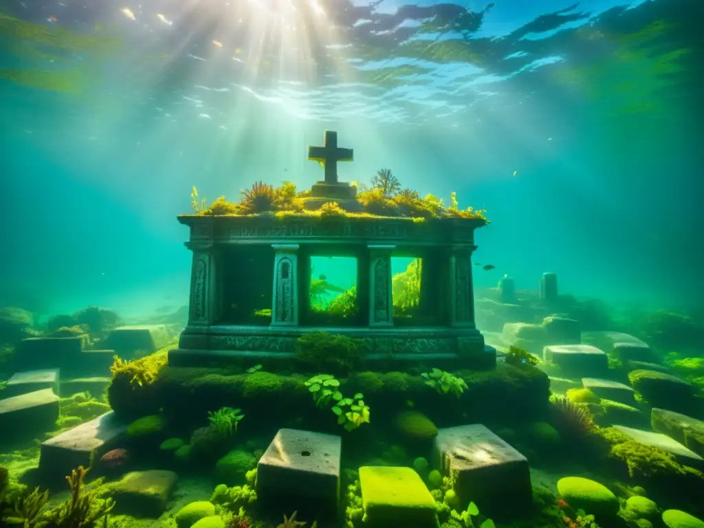 Cementerios subacuáticos de la antigüedad: la misteriosa belleza de un antiguo cementerio sumergido, adornado con flora marina y peces vibrantes bajo la luz del sol