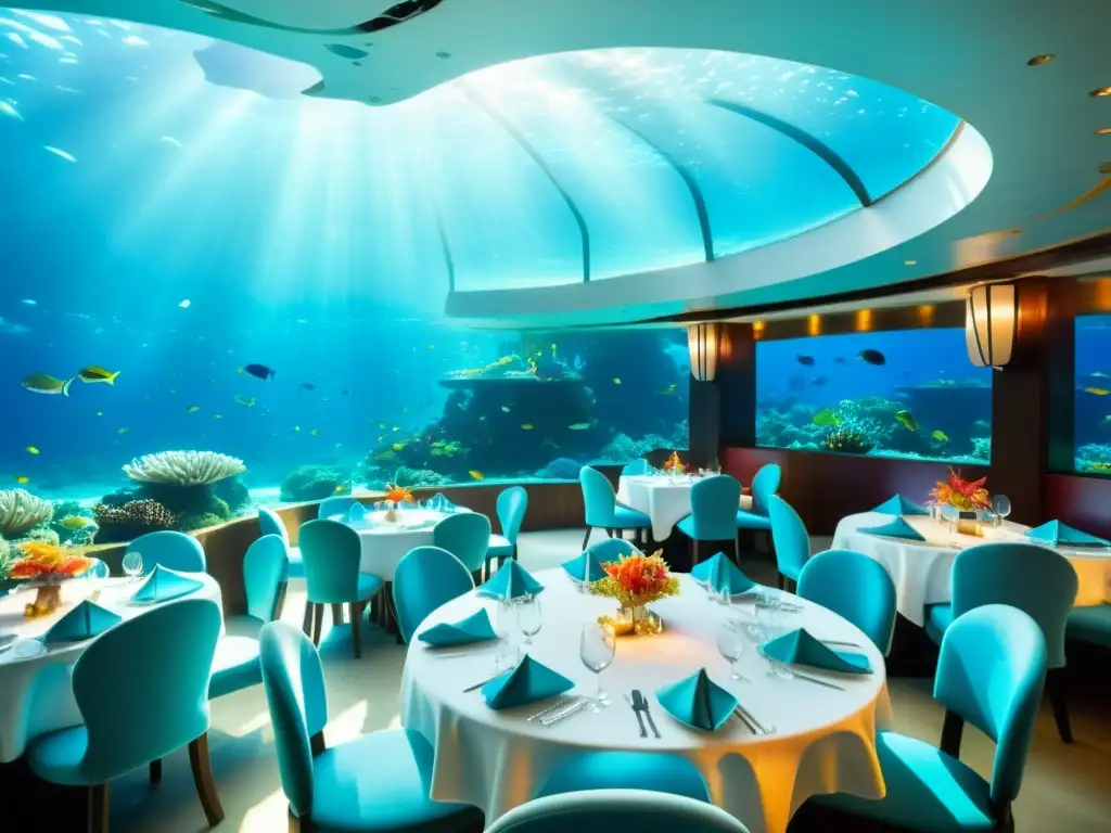 Cenas exclusivas en restaurantes mariscos: elegante restaurante bajo el agua con personal atendiendo mesas alrededor de un arrecife de coral vibrante