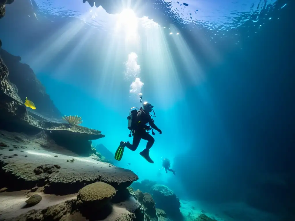 Exploración en cenote: buceo técnico profundo en la oscuridad cristalina, con formaciones rocosas y luces brillantes