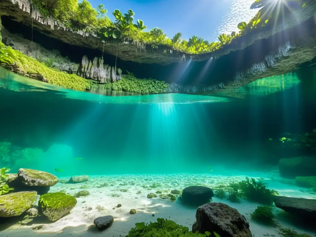 Un cenote submarino con aguas cristalinas turquesas, vida acuática y formaciones de piedra caliza