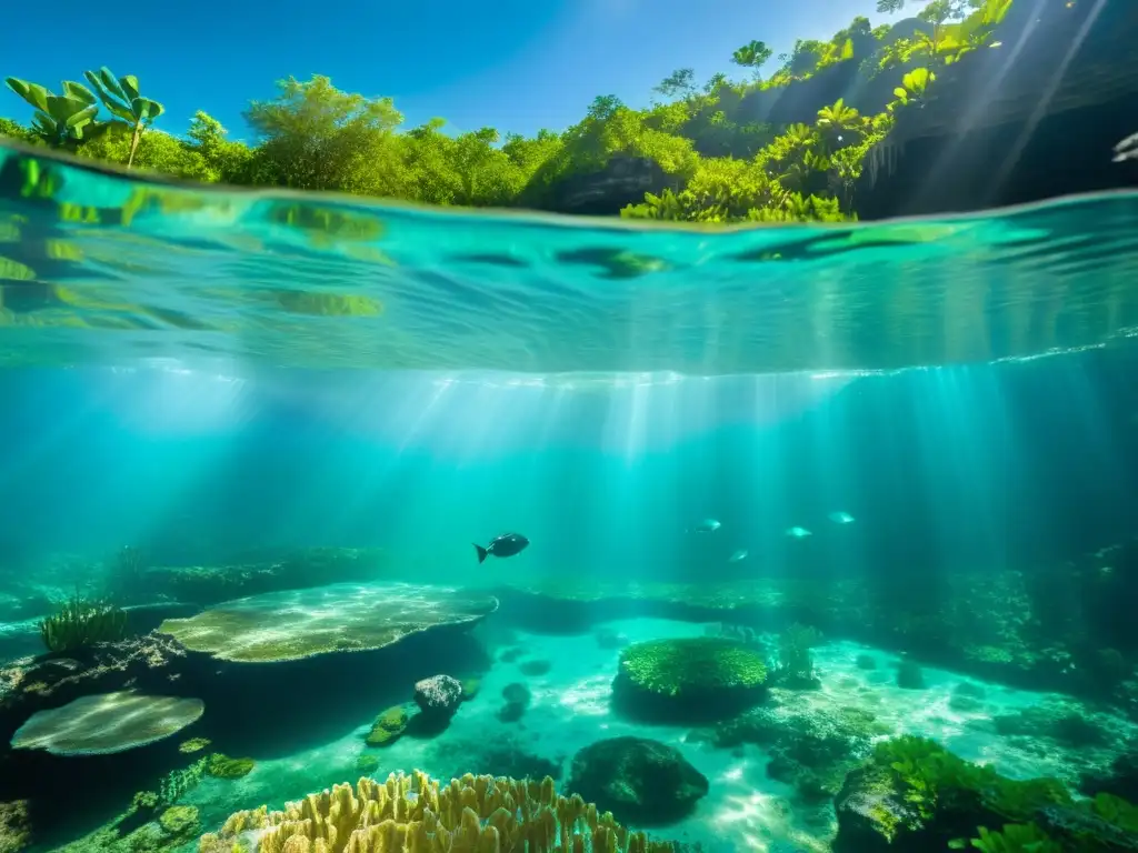 Un cenote submarino deslumbrante, con aguas turquesas cristalinas, vida marina diversa y exuberante vegetación