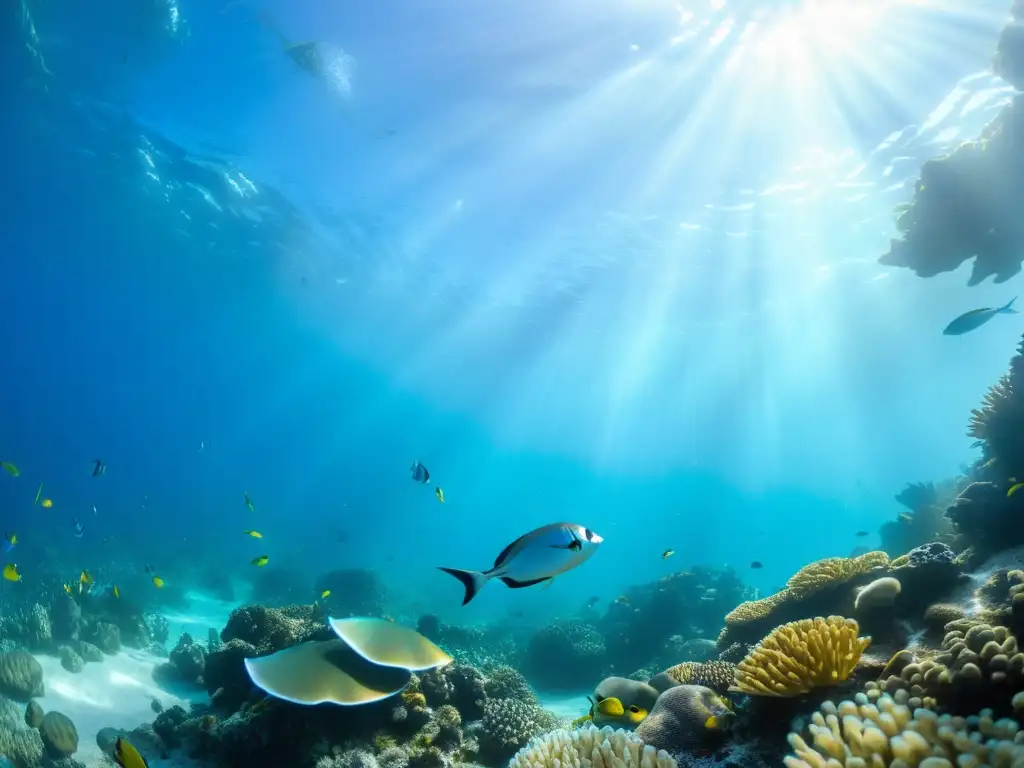 Certificación en navegación subacuática vida marina: un arrecife de coral vibrante, lleno de peces y vida marina, bañado por la luz del sol