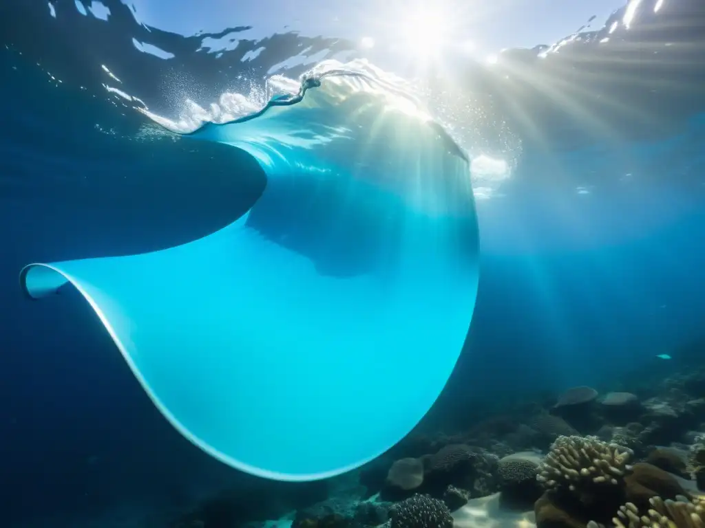 Un chaleco compensador de nuevos materiales flota en el vibrante mar azul, irradiando sofisticación y tecnología avanzada