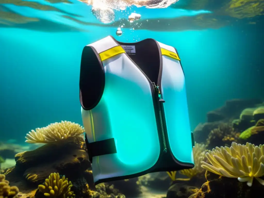 Chaleco hidrostático de última tecnología en agua cristalina con flora y fauna vibrante, iluminado por rayos de sol