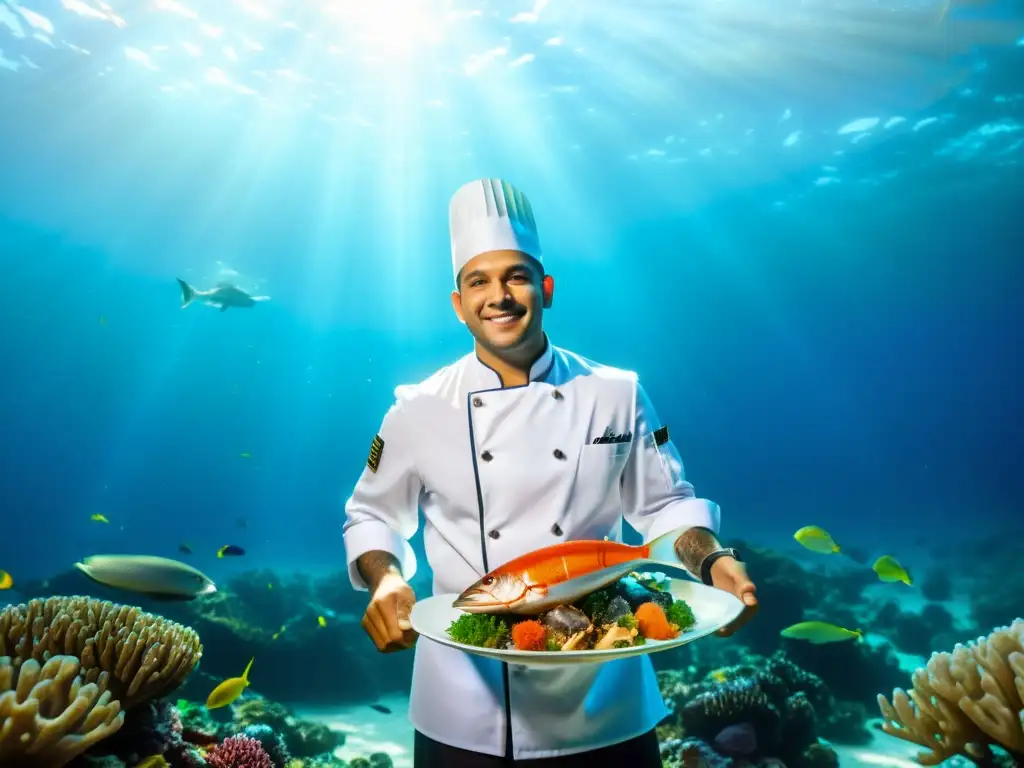 Un chef nada entre un arrecife de coral, sosteniendo platos de mariscos