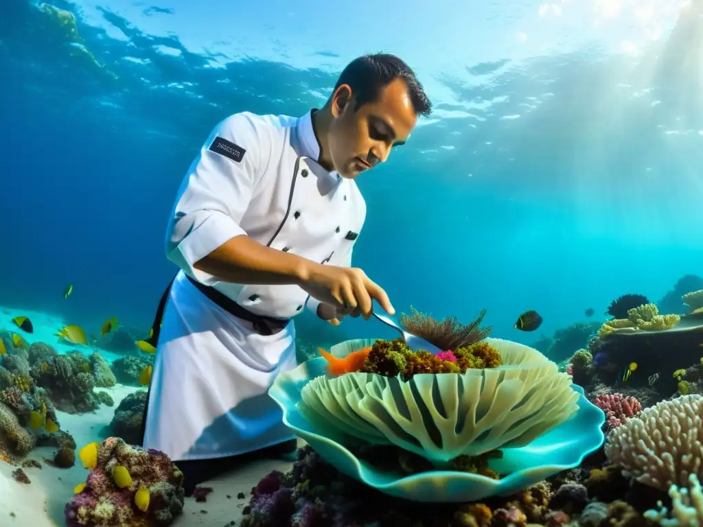 Un chef diestro prepara un exquisito plato en un arrecife de coral, rodeado de vida marina vibrante