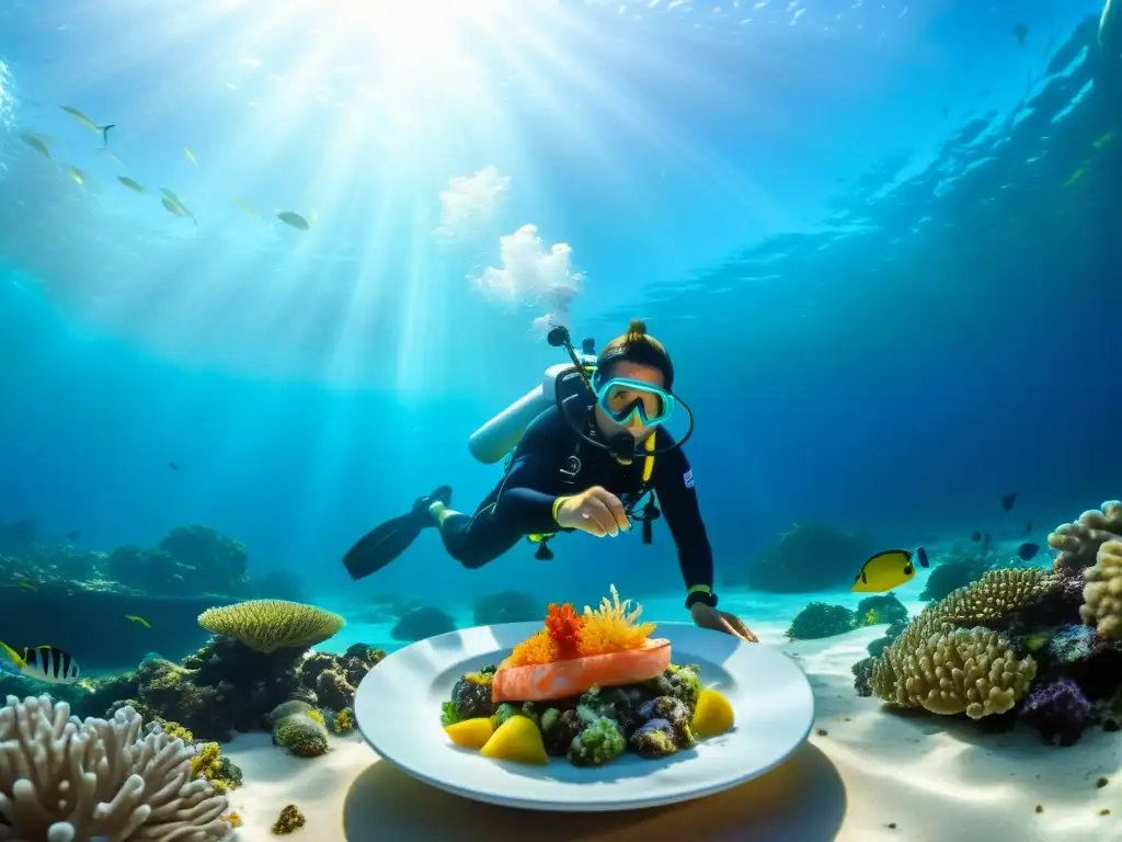 Un chef en equipo de buceo platea con delicadeza un platillo gourmet en un arrecife de coral, rodeado de vida marina vibrante