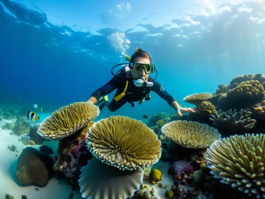 Chef cosechando erizos de mar en un arrecife de coral, capturando la esencia de técnicas culinarias innovadoras en la alta gastronomía marina