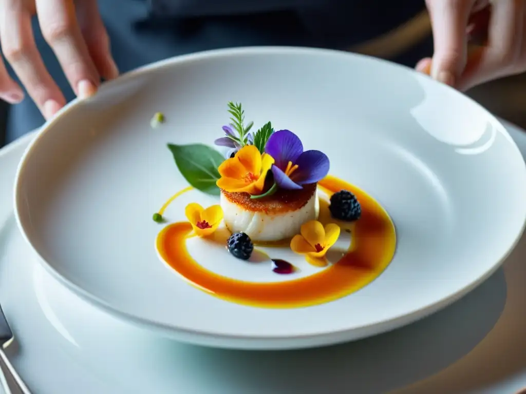 Un chef experto crea una exquisita presentación marina con técnicas culinarias innovadoras en una atmósfera sofisticada de alta gastronomía