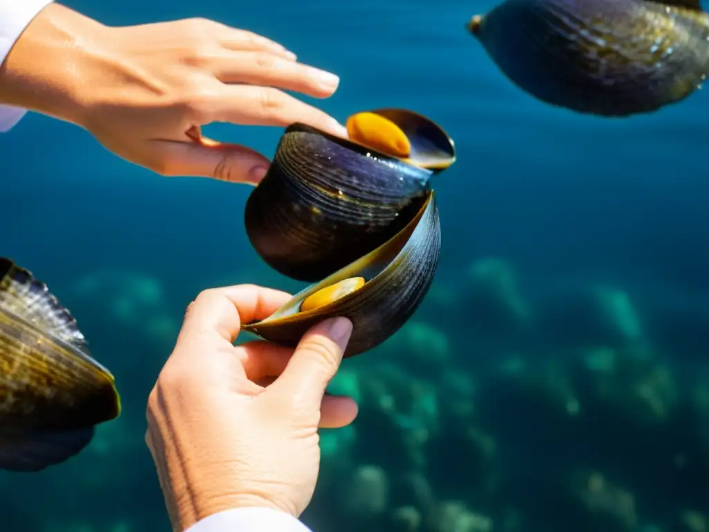 Un chef limpia con cuidado almejas y mejillones bajo el agua, mostrando su belleza natural