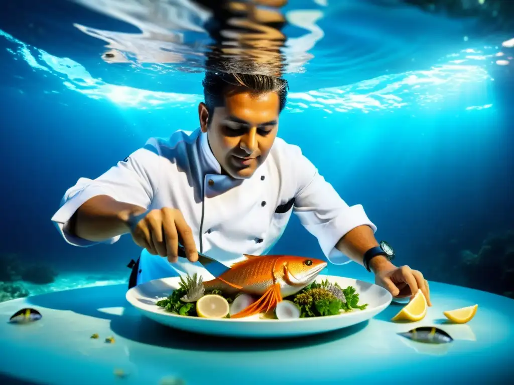 Un chef crea alta gastronomía marina en un mundo submarino vibrante y etéreo