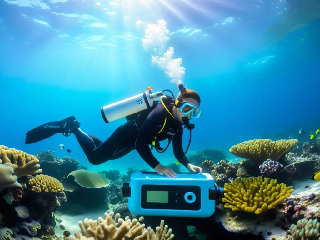 Un científico en equipo de buceo opera un dispositivo portátil para análisis del agua marina en tiempo real, rodeado de vida marina vibrante en un hermoso entorno submarino