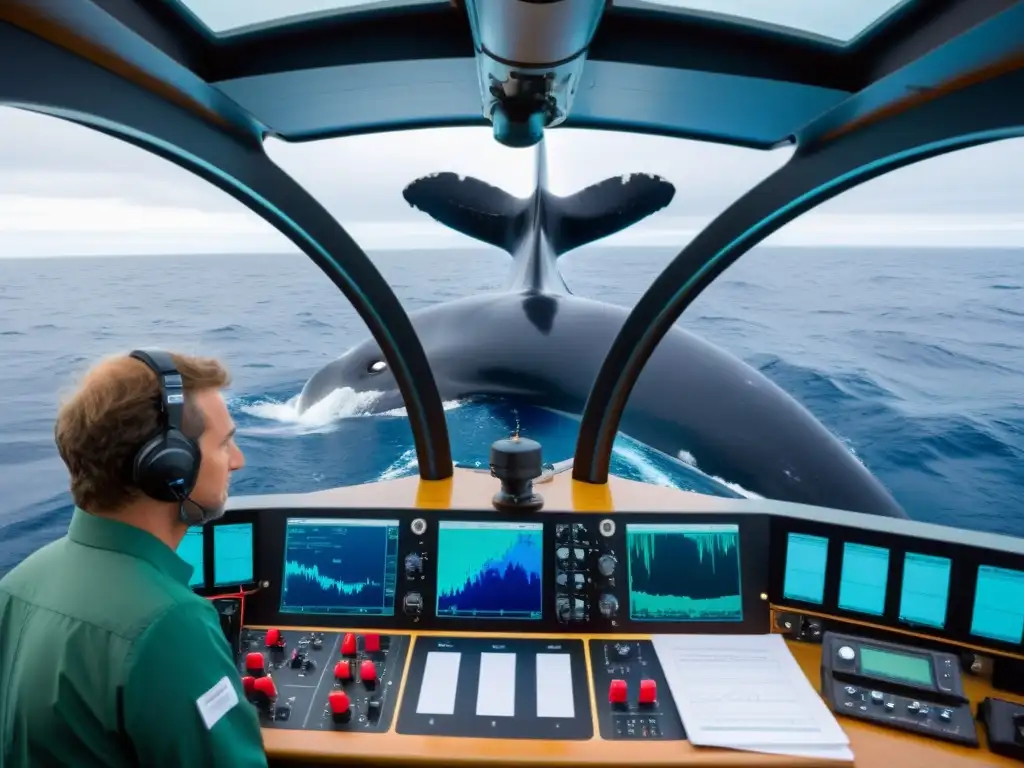 Científicos en un barco investigan el canto de las ballenas con tecnología avanzada, en una colaboración intensa