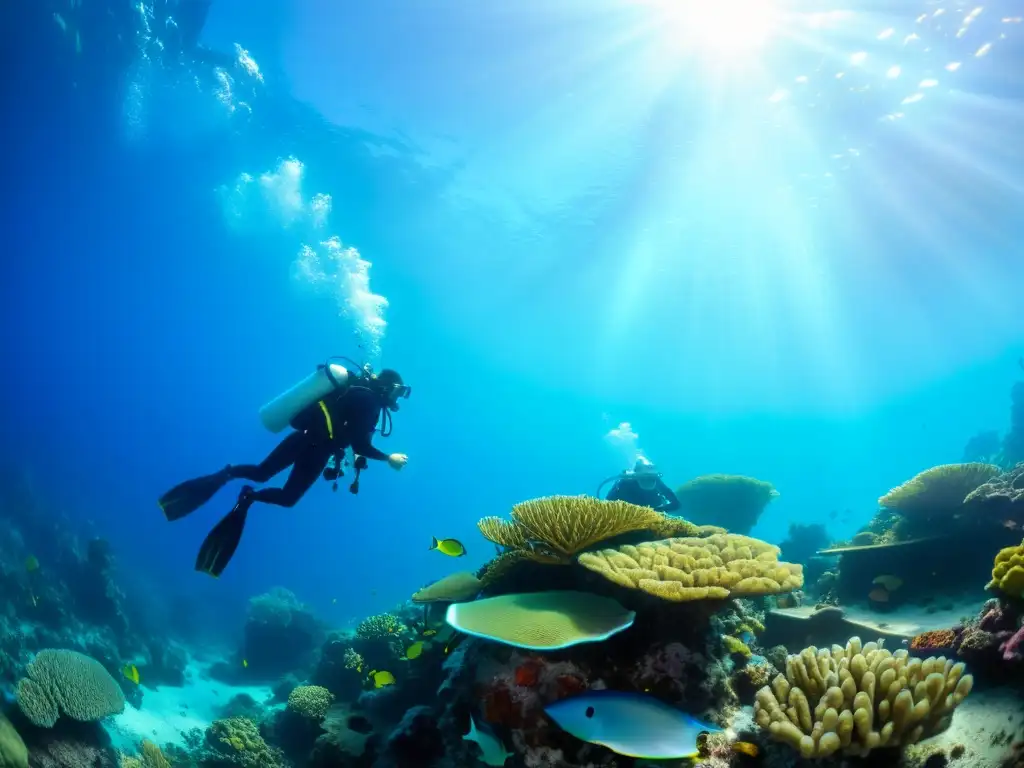 Exploración submarina: científicos marinos en arrecife de coral Exploración marina: científicos marinos documentando la vida submarina en un arrecife de coral vibrante