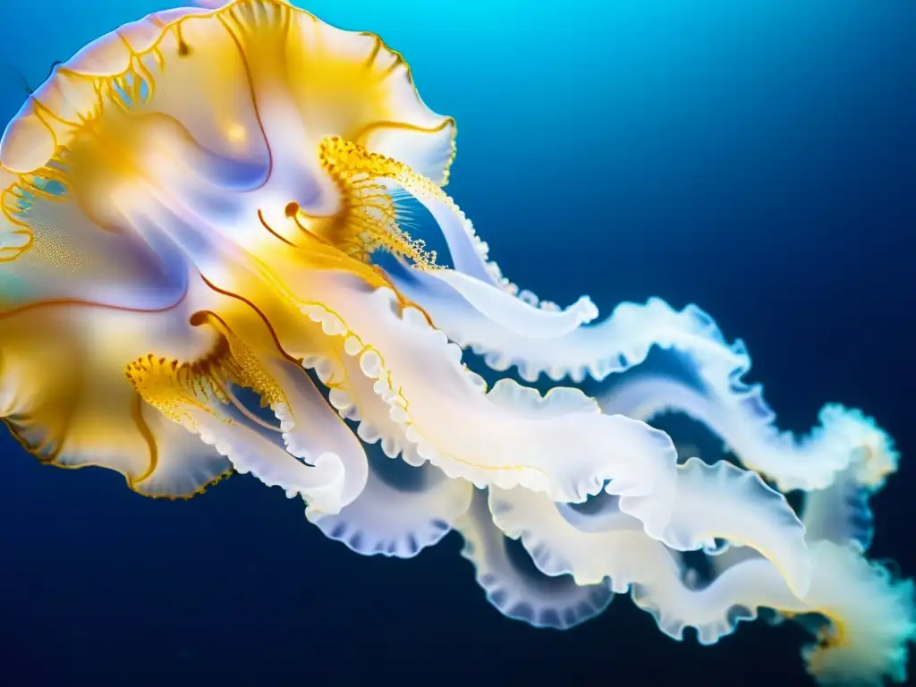 Closeup de medusa oceánica vibrante y translúcida flotando en aguas cristalinas, iluminada por luz solar, con tentáculos delicados