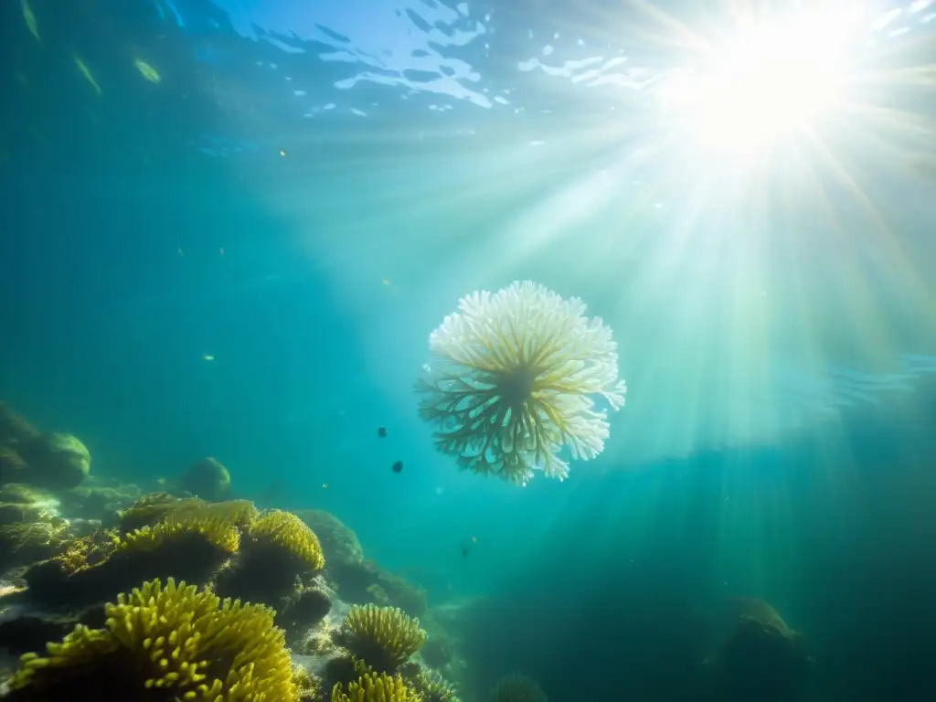 Cluster de microorganismos tintínidos en casas cristal, bajo el agua con luz solar filtrada y flora acuática vibrante