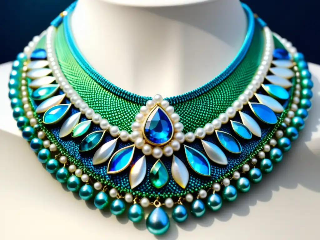 Collar abisal de vida marina con gemas azules y verdes, conchas e iridiscencias, evocando la belleza misteriosa del océano