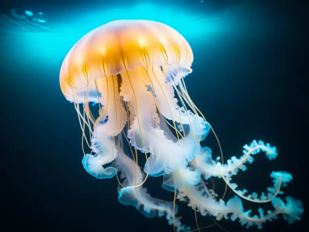 Collar de vida marina abisal: Jellyfish bioluminiscente flotando en la oscuridad del océano, irradiando un resplandor azul etéreo