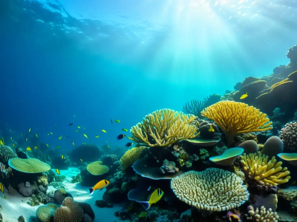 Capturando colores reales bajo agua: un arrecife de coral vibrante con peces coloridos y patrones de luz solar