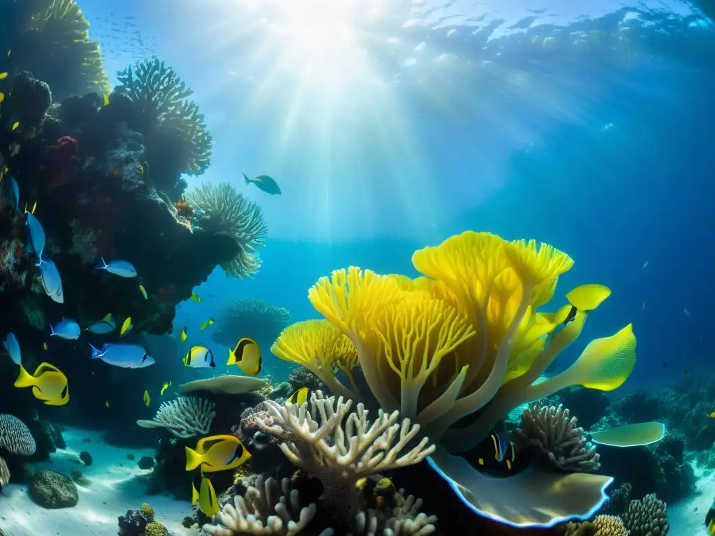 Capturando colores reales bajo el agua: un vibrante arrecife de coral lleno de vida marina y una explosión de colores bajo la luz del sol