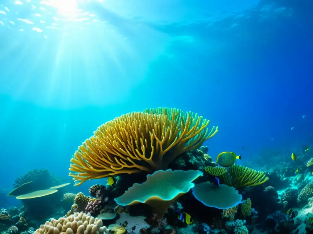 Capturando colores reales bajo agua: Vida vibrante en un arrecife de coral, peces nadando entre corales bajo la luz del sol